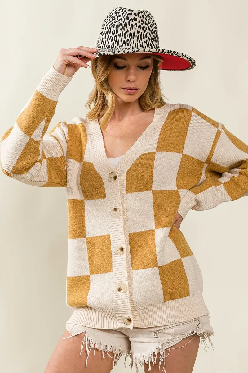 BiBi Checked V-neck Cardigan OutfitFlow