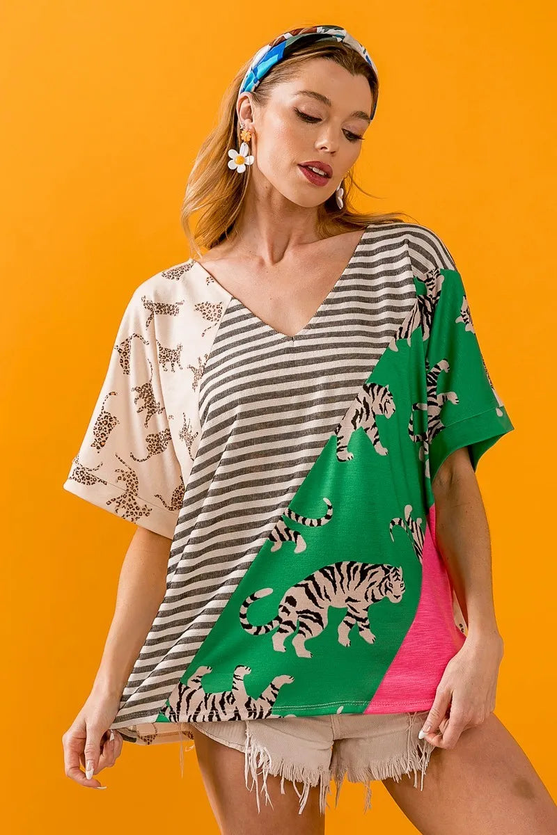 BiBi Tiger W Stripe Contrast Color Block V Neck Top OutfitFlow