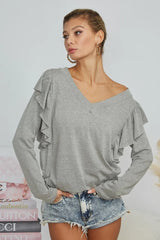 BiBi Triblend V Neck Top with Shoulder Shrring Detail OutfitFlow