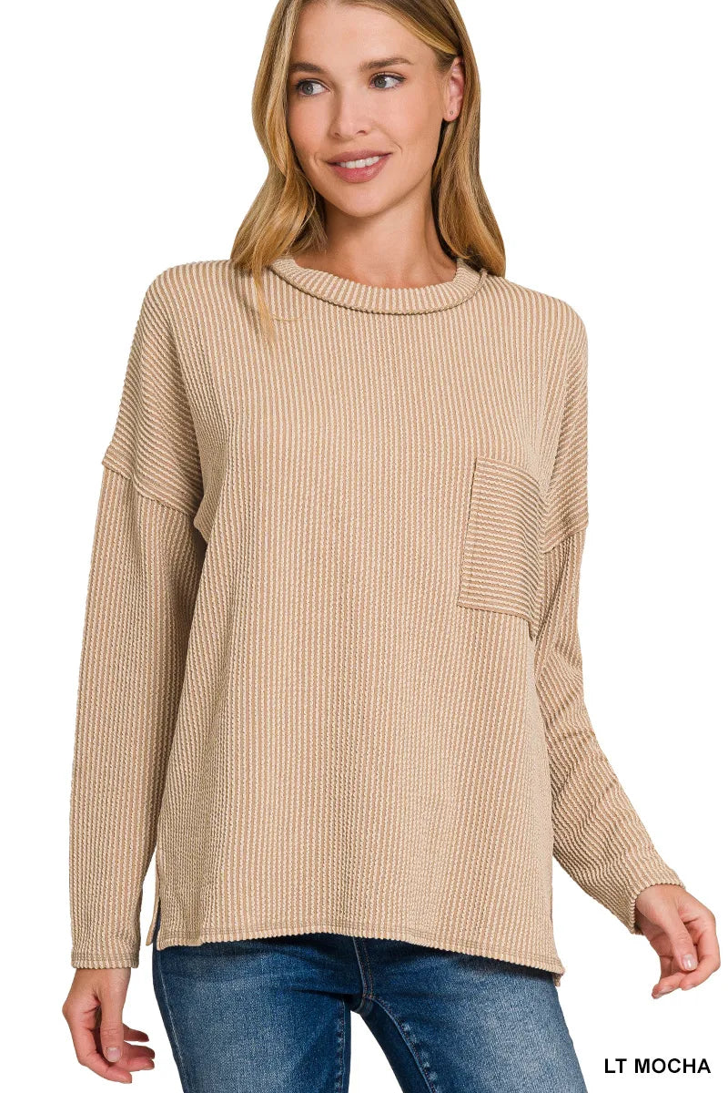 Zenana Long Sleeve Drop Shoulder Rib Top LT MOCHA Trendsi