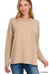Zenana Long Sleeve Drop Shoulder Rib Top LT MOCHA Trendsi