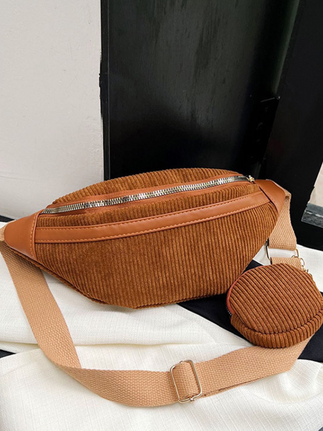 Outfit Flow - Corduroy Adjustable Strap Crossbody Bag with Pouch