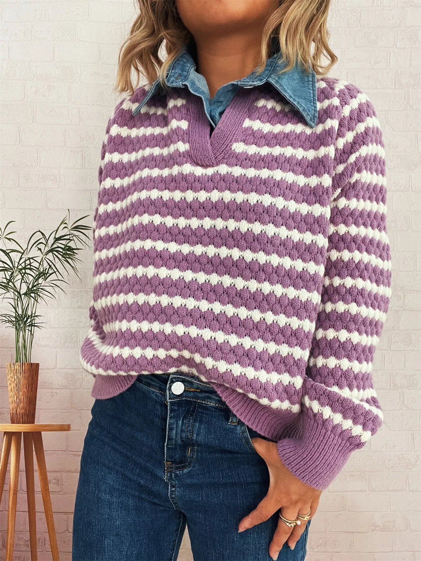 Contrast Striped Sweater with Denim Collar OutfitFlow