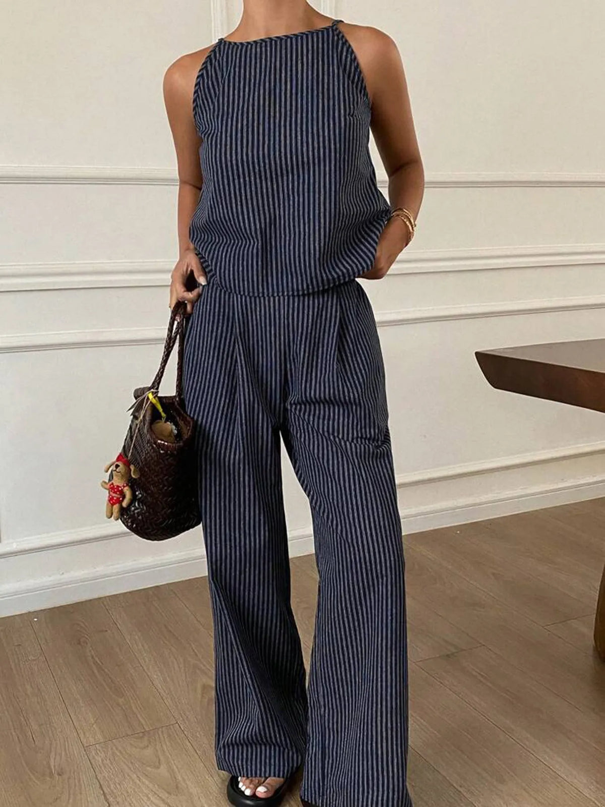 Striped Round Neck Tank and Wide Leg Pants Set Navy OutfitFlow