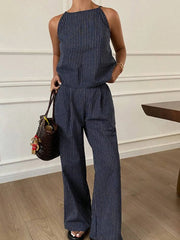 Striped Round Neck Tank and Wide Leg Pants Set Navy OutfitFlow