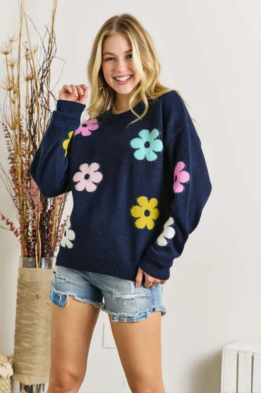 ADORA Full Size Flower Popped Sweater Plus Size OutfitFlow
