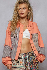 POL Button Down Patchwork Multi-Pattern Jacket Orange OutfitFlow