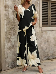 Printed V-Neck Top and Pants Set Black OutfitFlow
