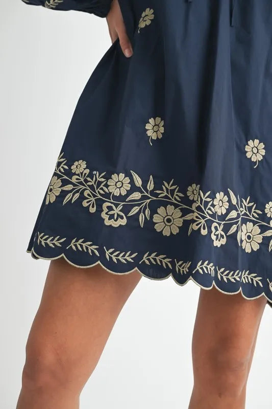 MABLE Embroidered Long Sleeve Peasant Mini Dress OutfitFlow