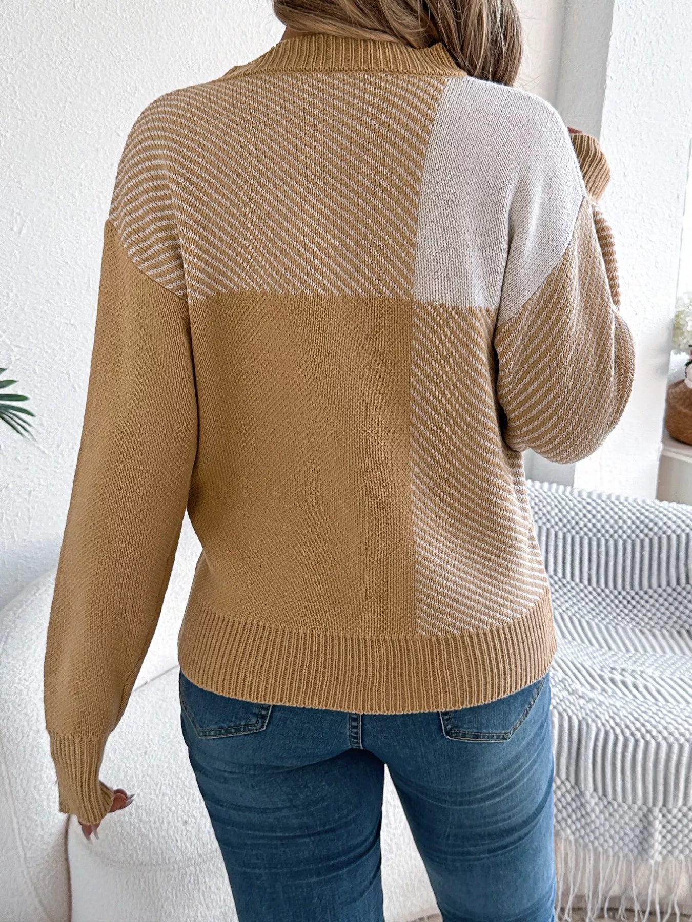Color Block Striped Round Neck Sweater OutfitFlow