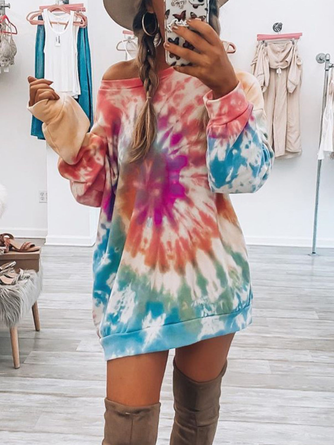 Outfit Flow - Full Size Tie-Dye Round Neck Long Sleeve Dress