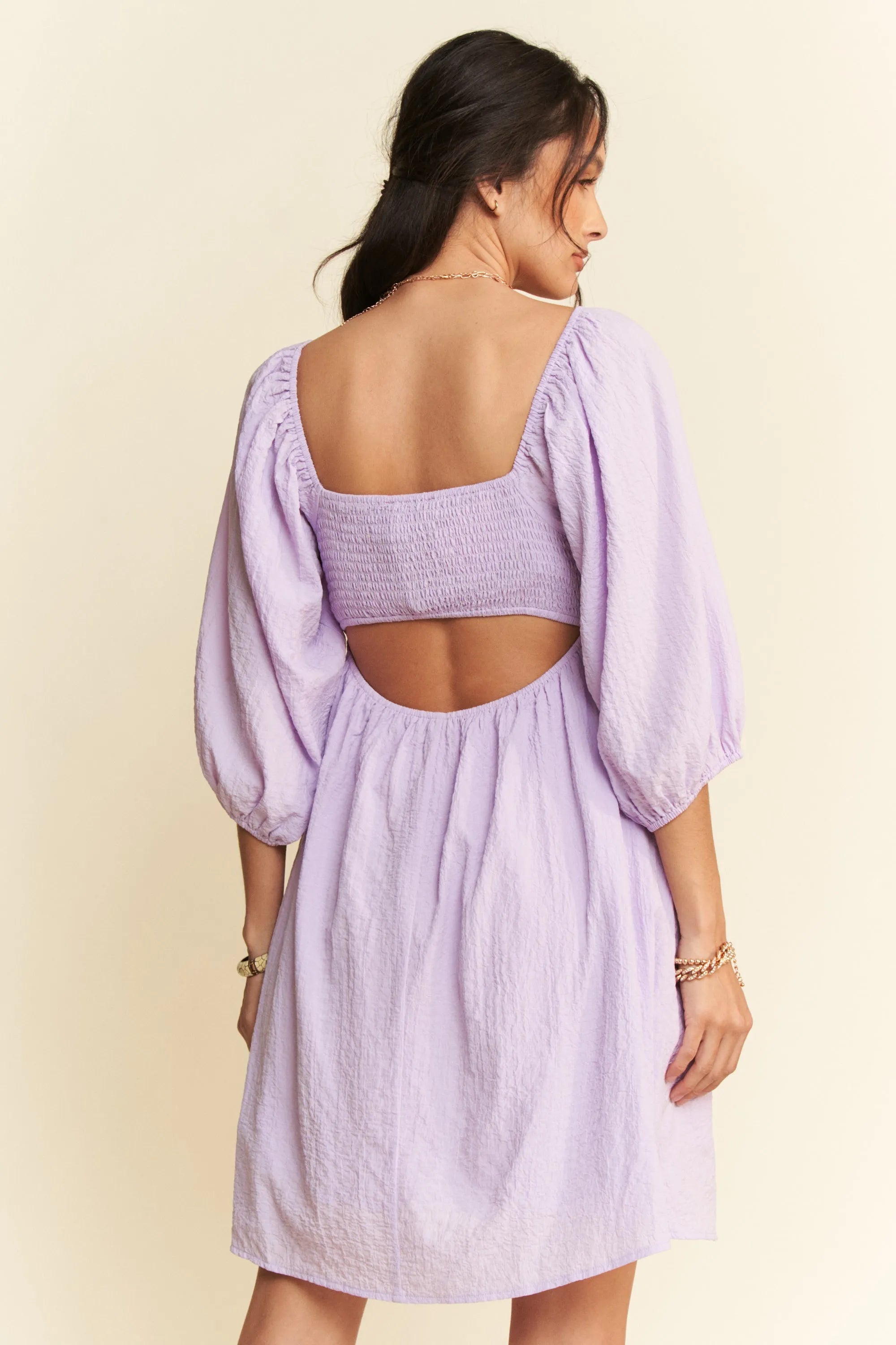Davi & Dani Self-Tie Puff Sleeve Smocking Open Back Mini Dress OutfitFlow