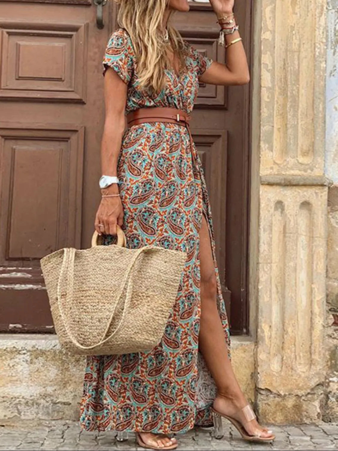 Full Size Printed V-Neck Short Sleeve Maxi Dress Plus Size OutfitFlow