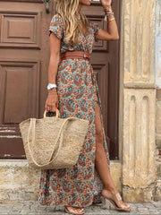 Full Size Printed V-Neck Short Sleeve Maxi Dress Plus Size OutfitFlow