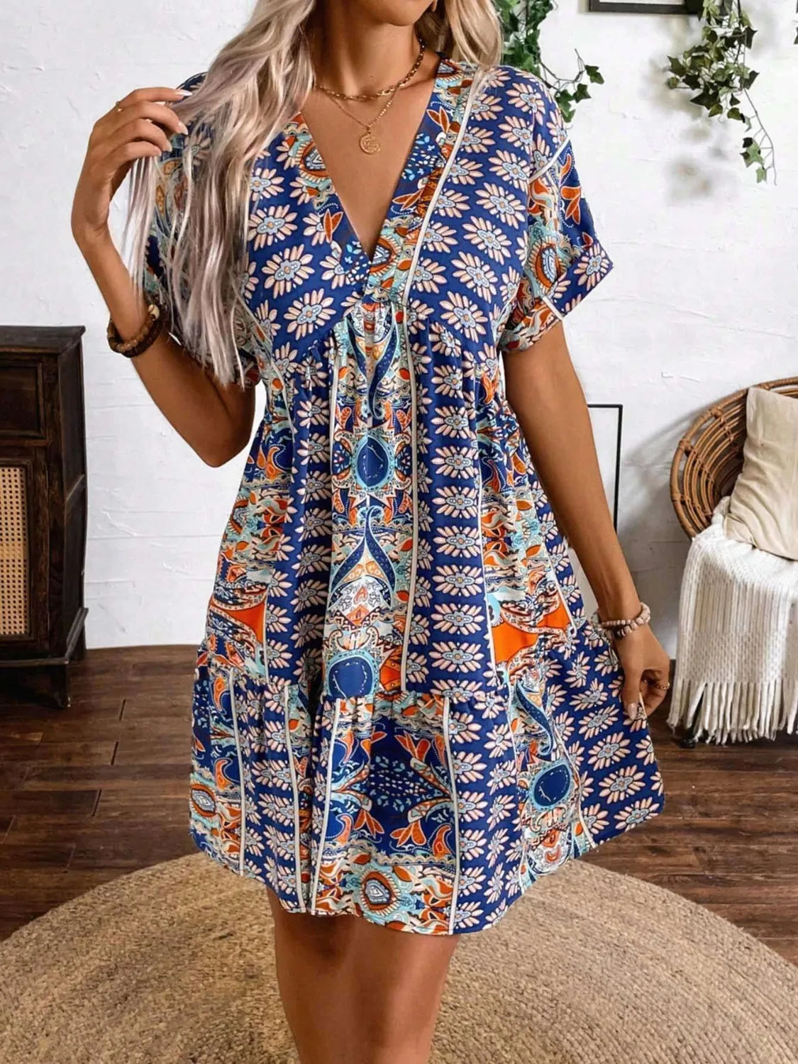 Printed V-Neck Short Sleeve Dress OutfitFlow
