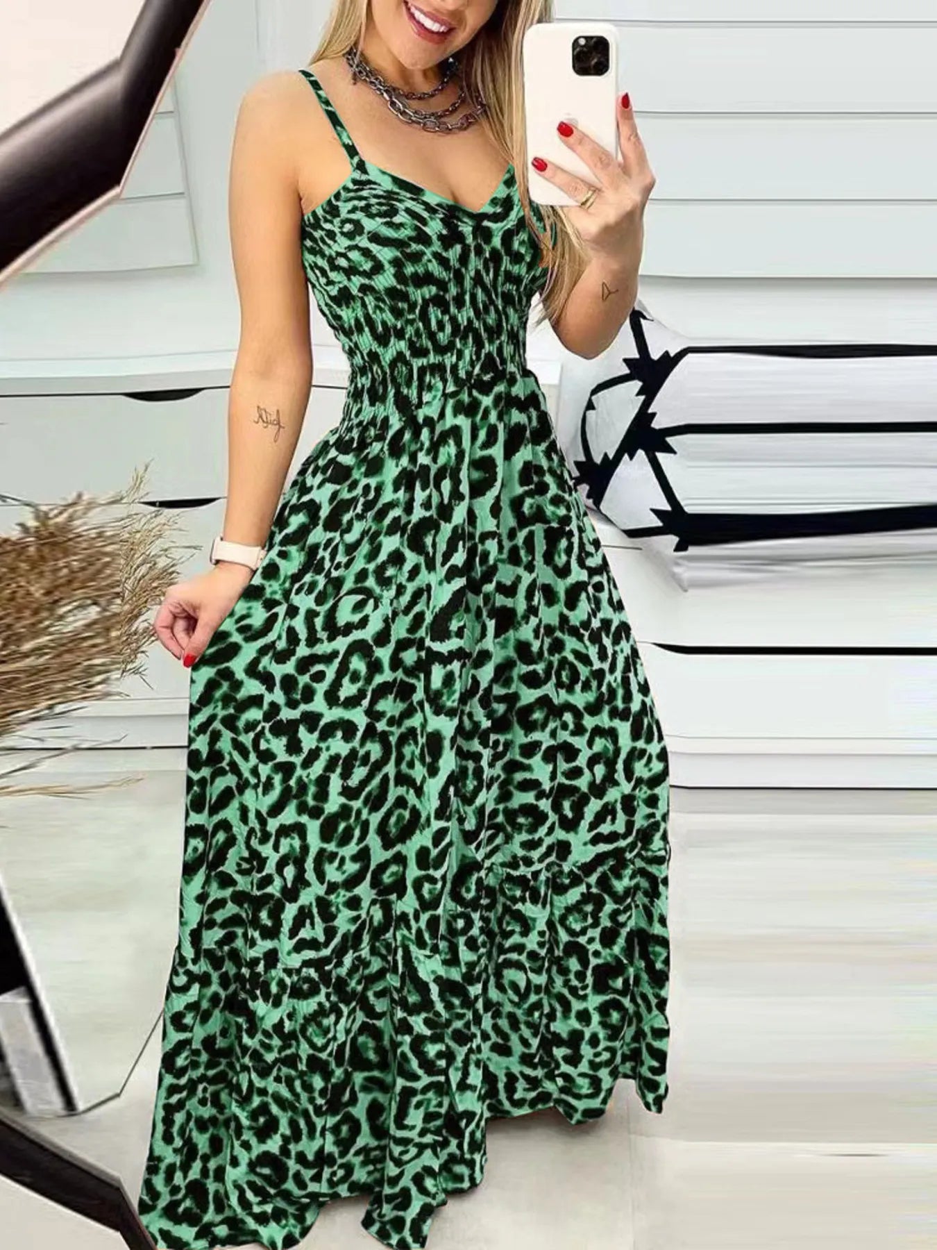 Full Size Leopard Print Spaghetti Strap Maxi Dress Plus Size Green OutfitFlow