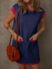Round Neck Cap Sleeve Mini Dress Dark Blue OutfitFlow