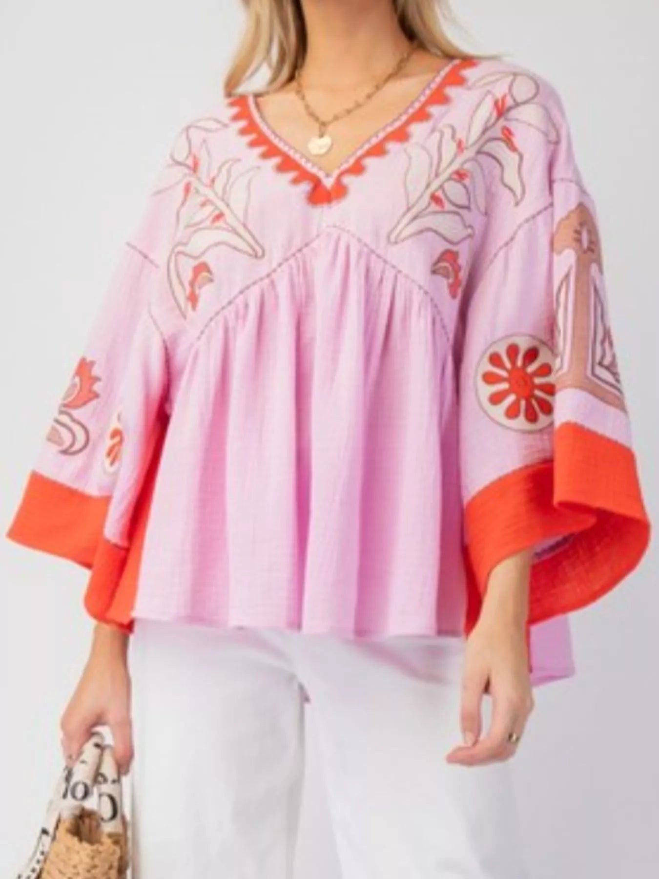 Printed V-Neck Top with Contrast Trim Details OutfitFlow