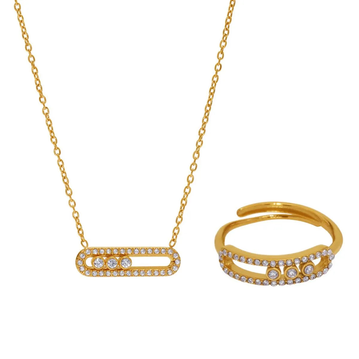 Moving Crystal Bar Necklace and Ring Jewelry Set OutfitFlow