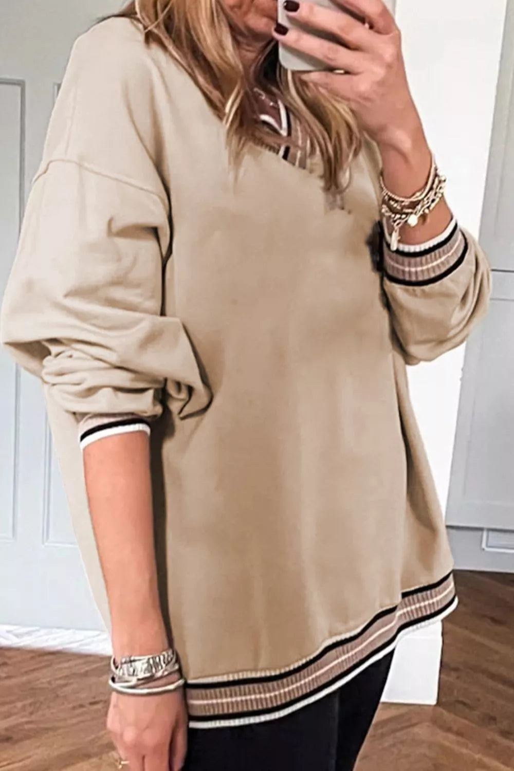 Casual V-Neck Striped Trim Pullover OutfitFlow