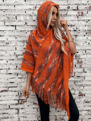 Outfit Flow - Fringe Contrast Hooded Poncho