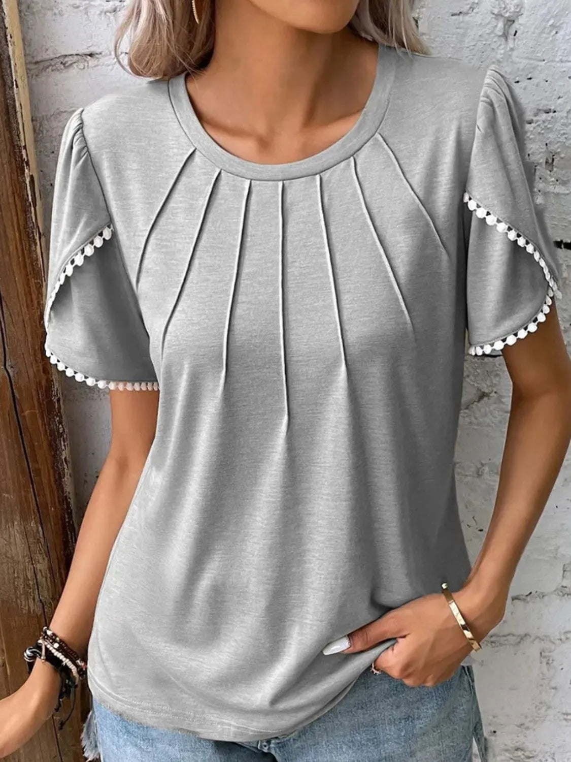 Full Size Round Neck Petal Sleeve Blouse Plus Size Gray OutfitFlow