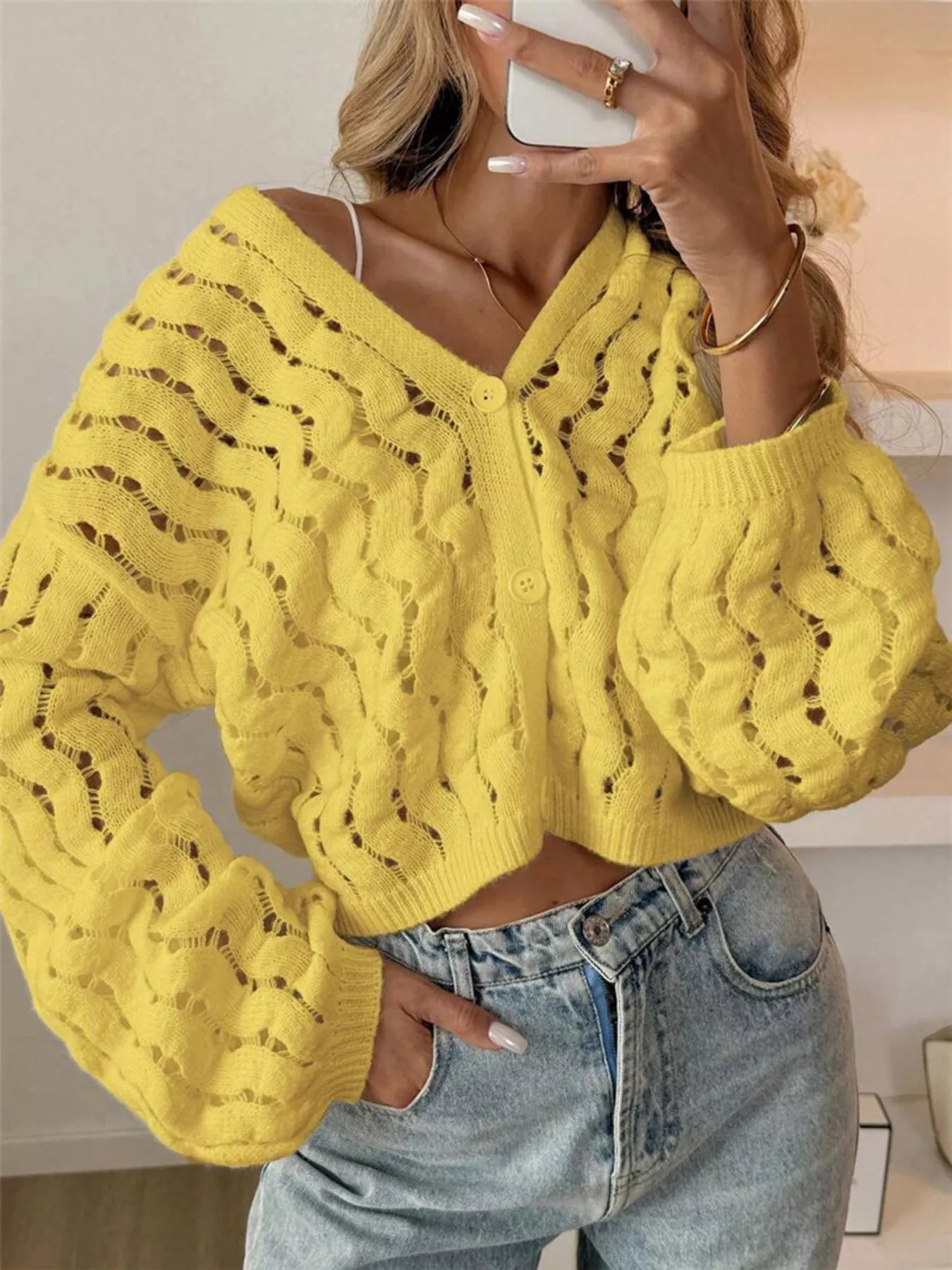 Openwork Button Up V-Neck Cardigan Yellow OutfitFlow