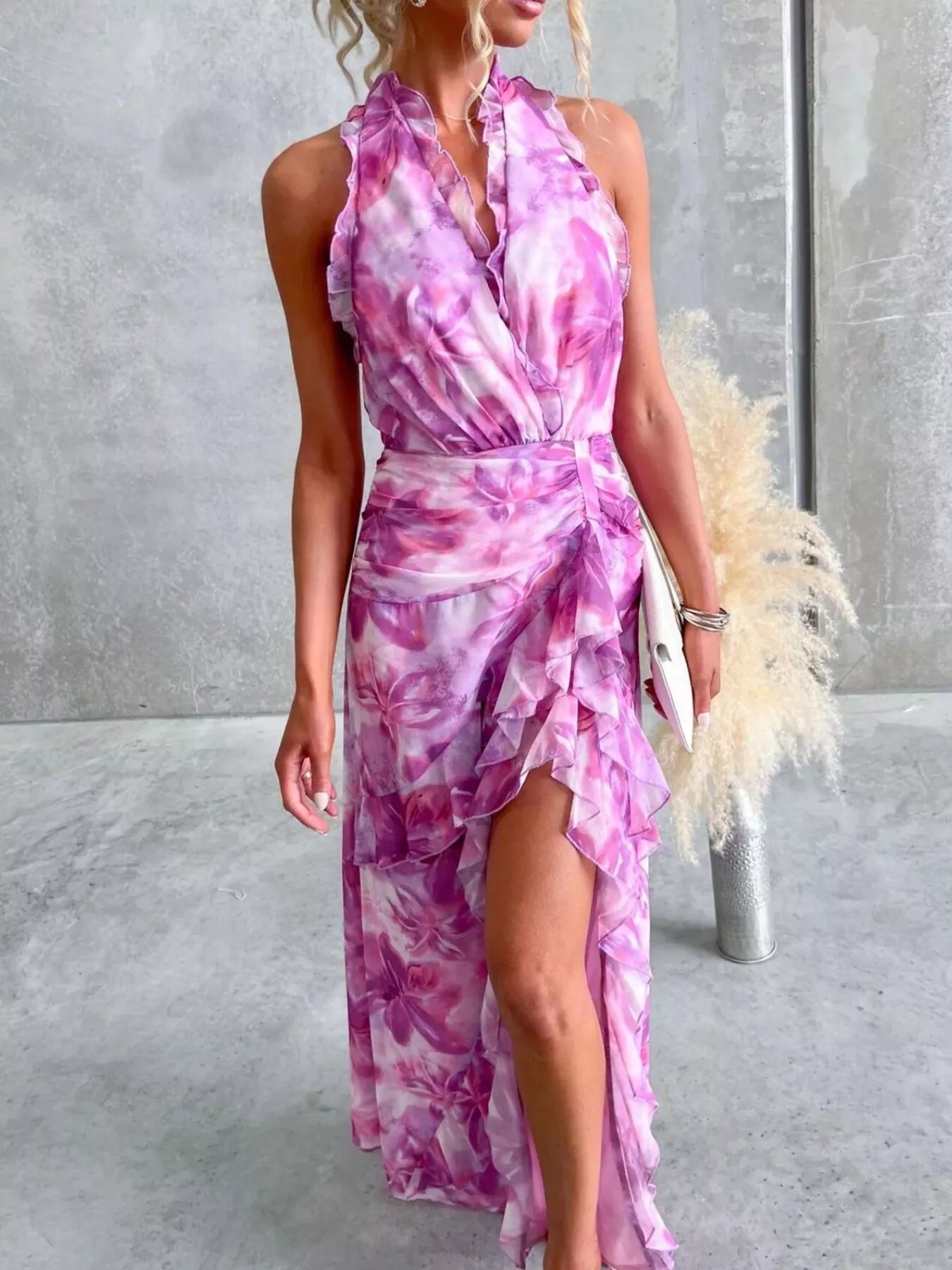 Floral Print Ruffle Halter Neck Maxi Dress OutfitFlow
