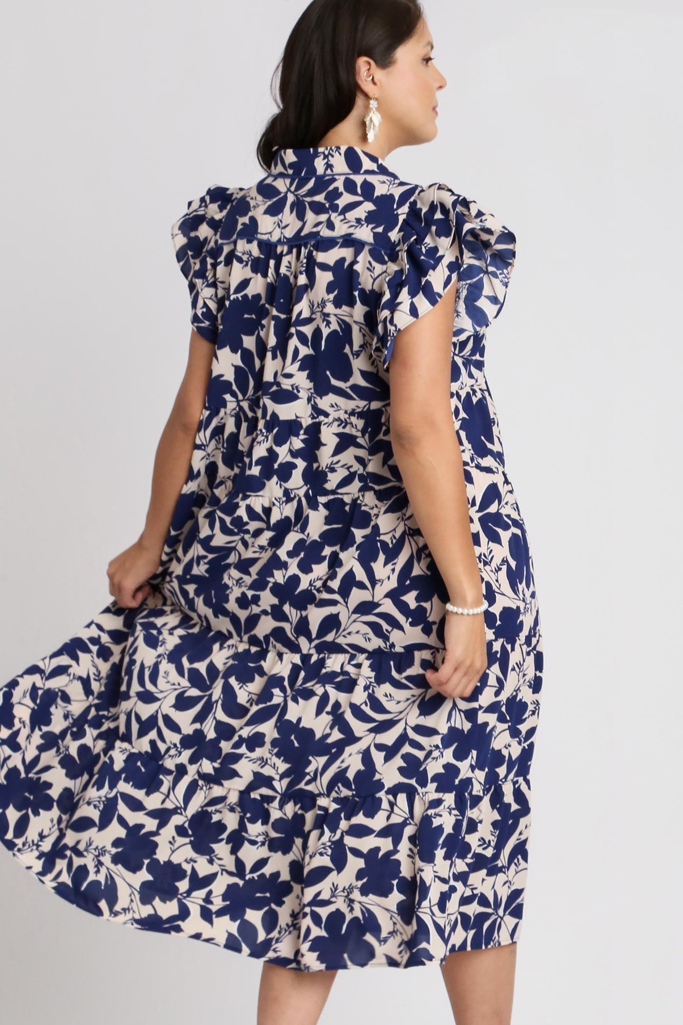 Umgee Full Size Floral Collared Ruffle Cap Sleeve Midi Dress Plus Size OutfitFlow