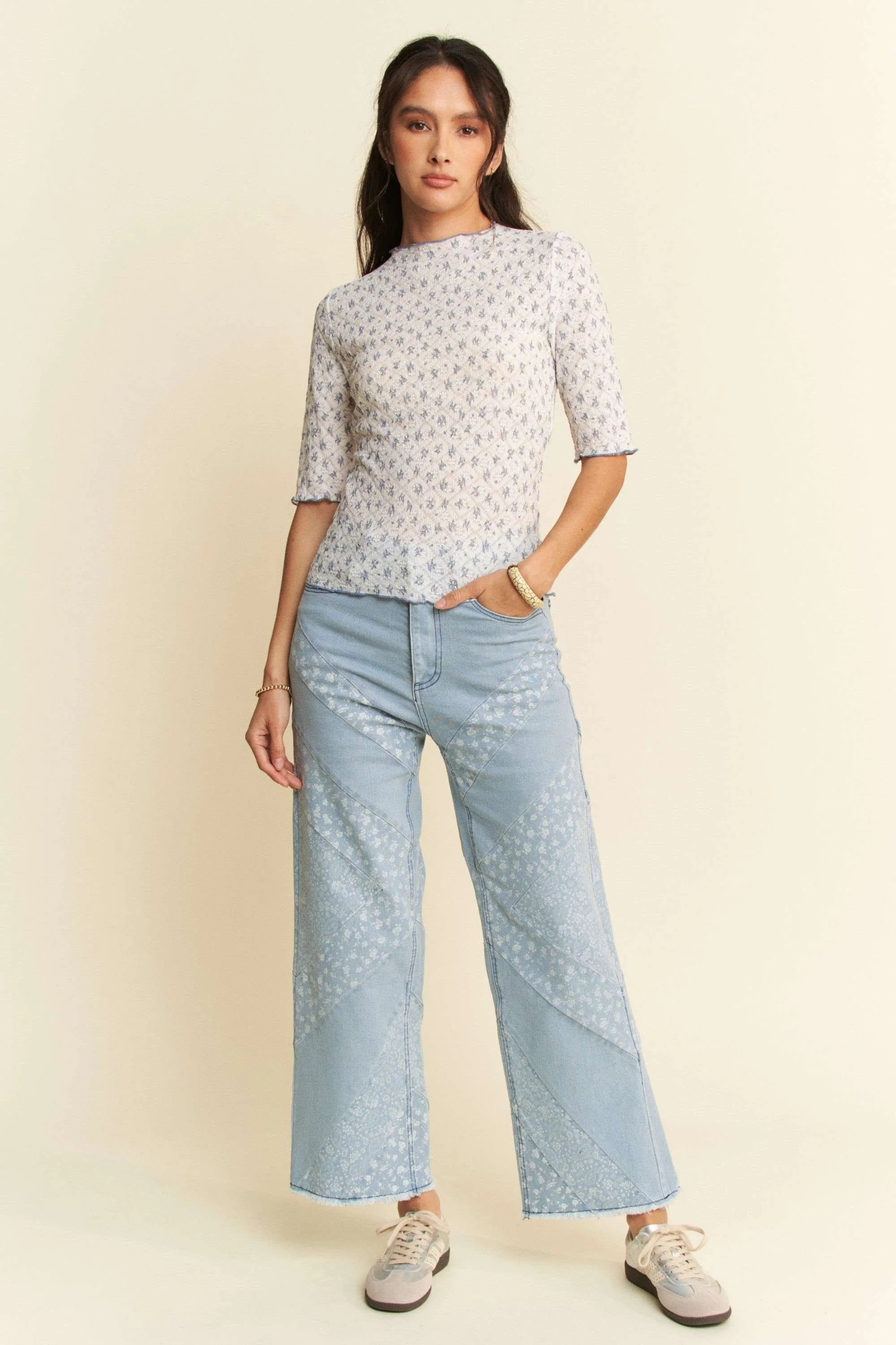 Davi & Dani Lace Stretch Floral Marrow Edge Half Sleeve Top OutfitFlow