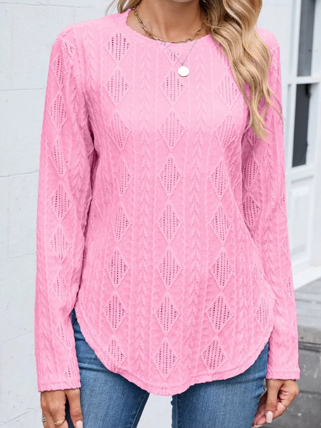 Diamond Pattern Knit Long Sleeve T-Shirt Pink Trendsi
