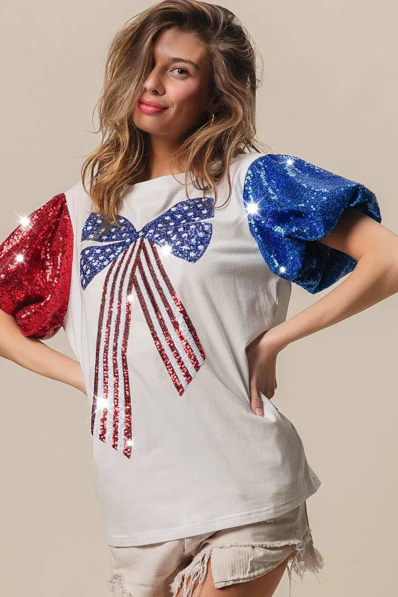 BiBi Sequin American Flag Bow Top OutfitFlow