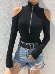 Zip Front Cold Shoulder Bodysuit OutfitFlow