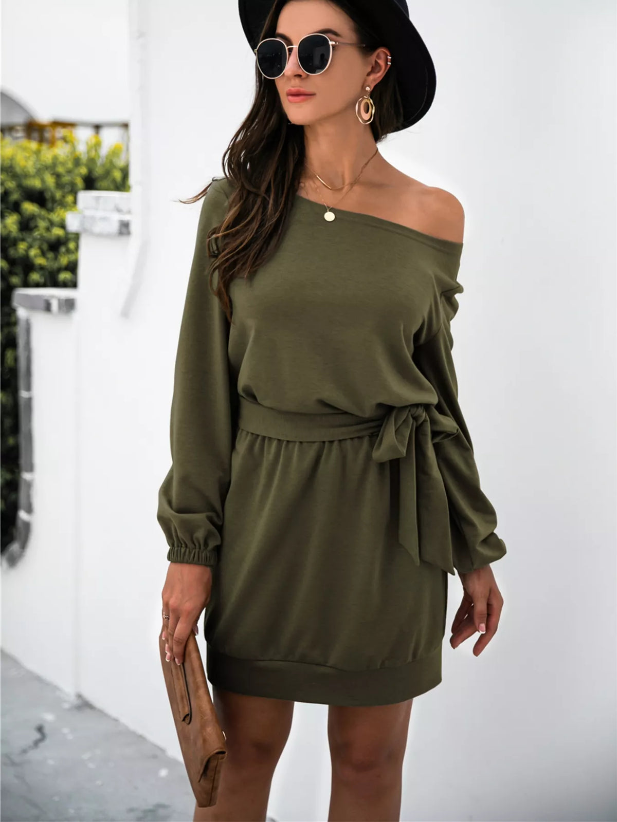 One Shoulder Tie Waist Dress Army Green OutfitFlow