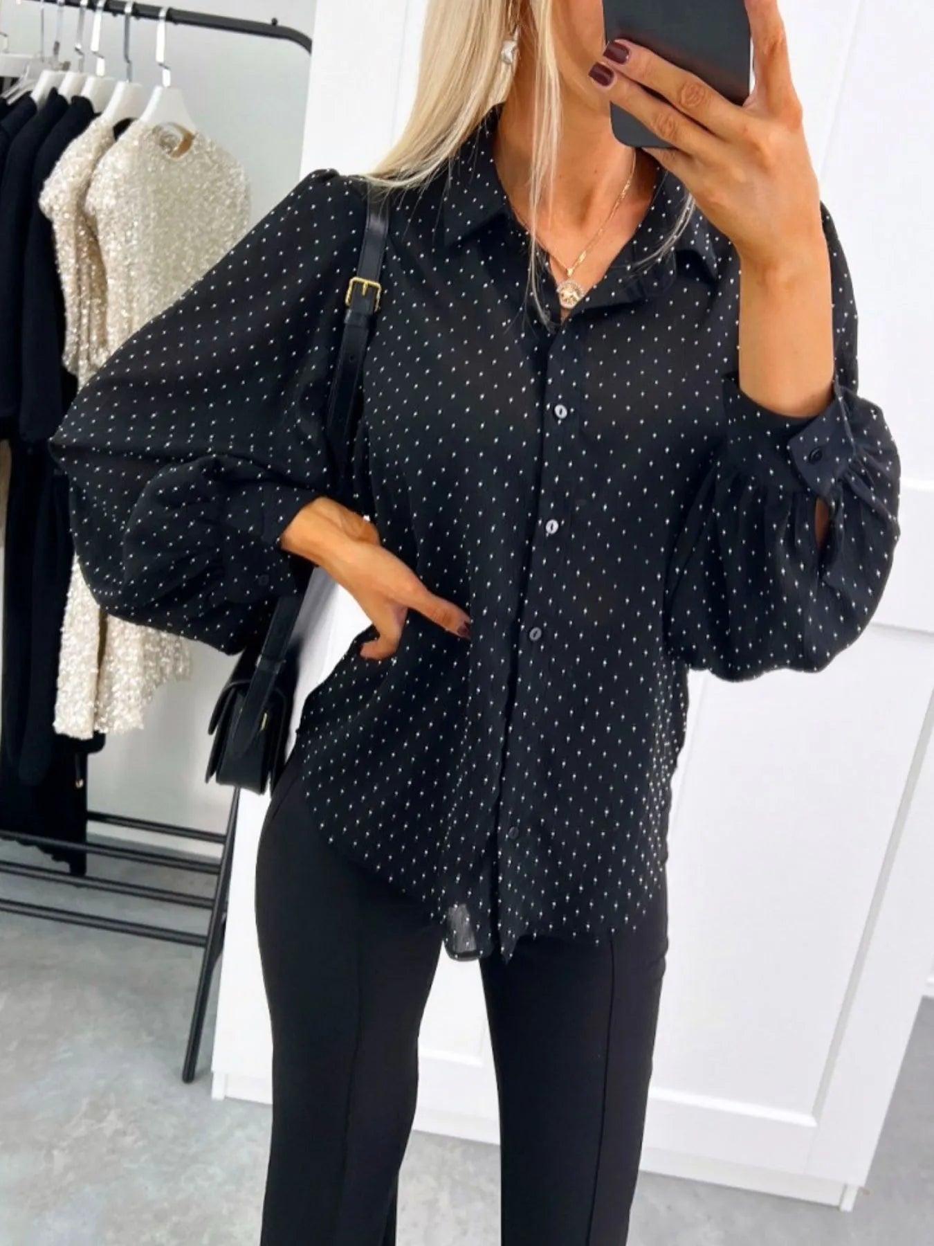 Polka Dot Button Down Shirt Black OutfitFlow