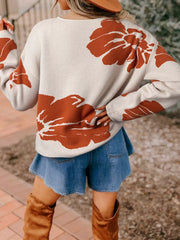 Flower Pattern Wide Sleeve Baggy Sweater OutfitFlow