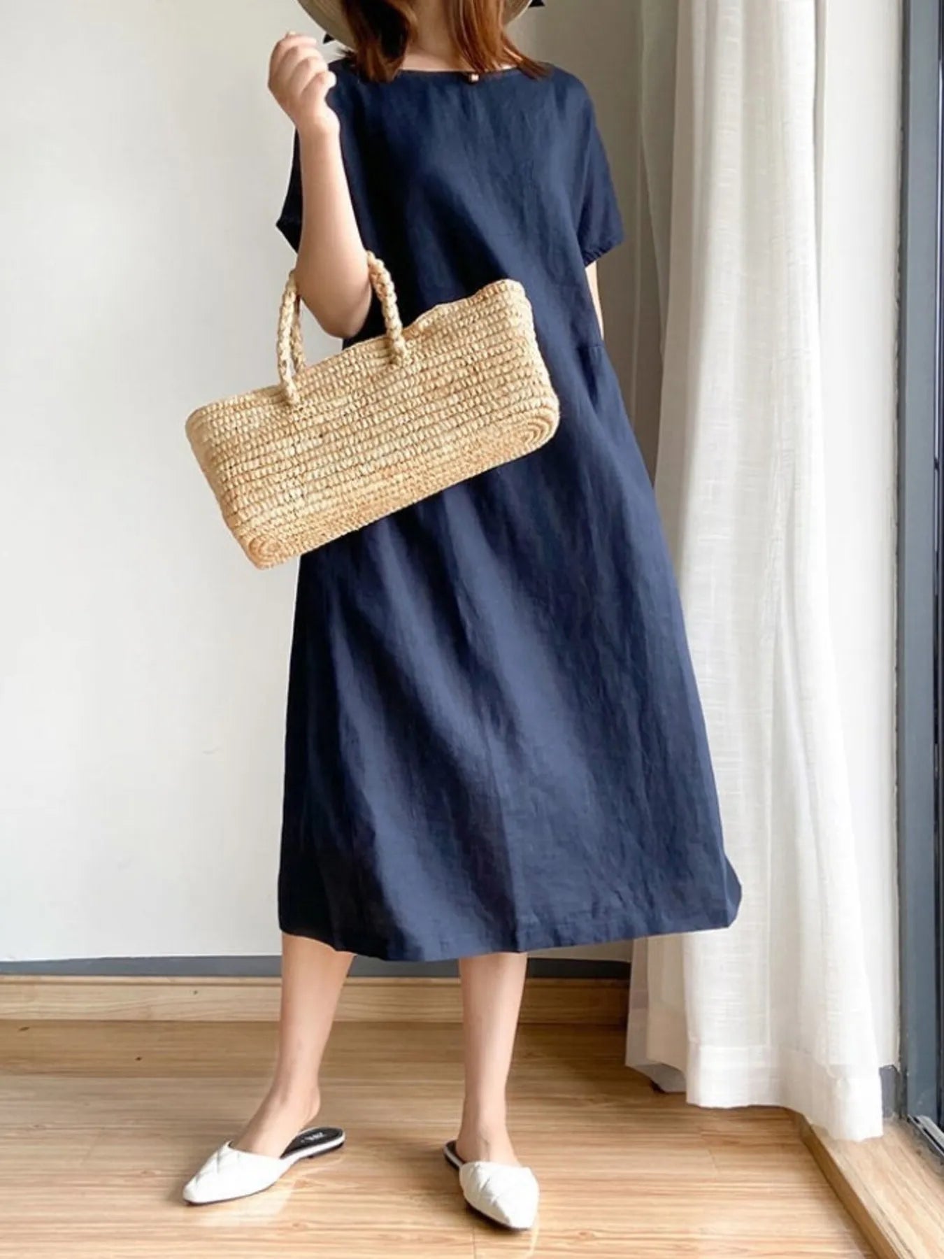 Full Size Casual Round Neck Midi Dress Plus Size OutfitFlow