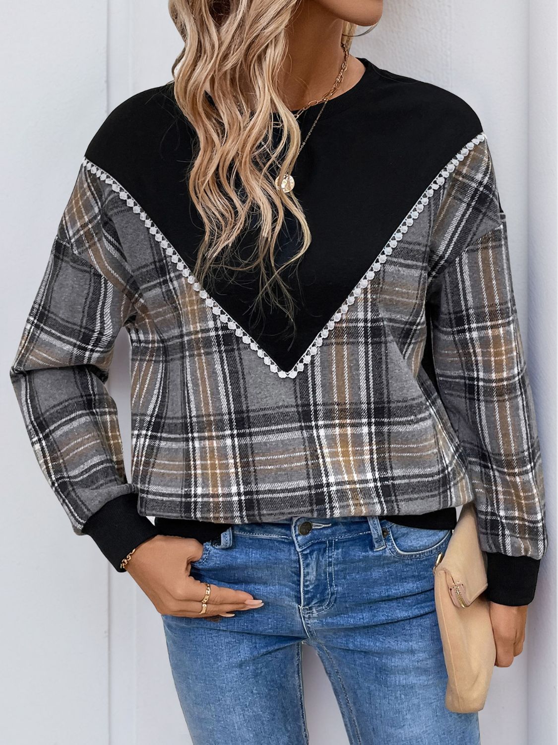 Outfit Flow - Perfee Plaid Round Neck Long Sleeve Sweatshirt