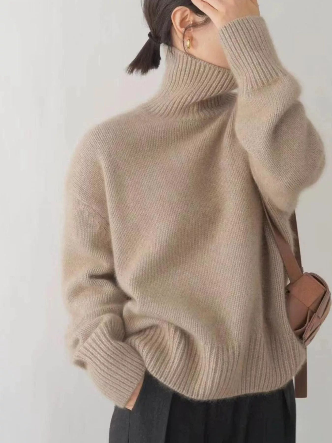 Turtleneck Dropped Shoulder Sweater Beige OutfitFlow