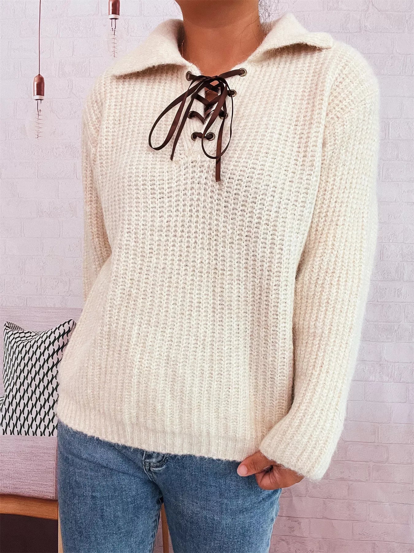 Lace Up Long Sleeve Sweater OutfitFlow