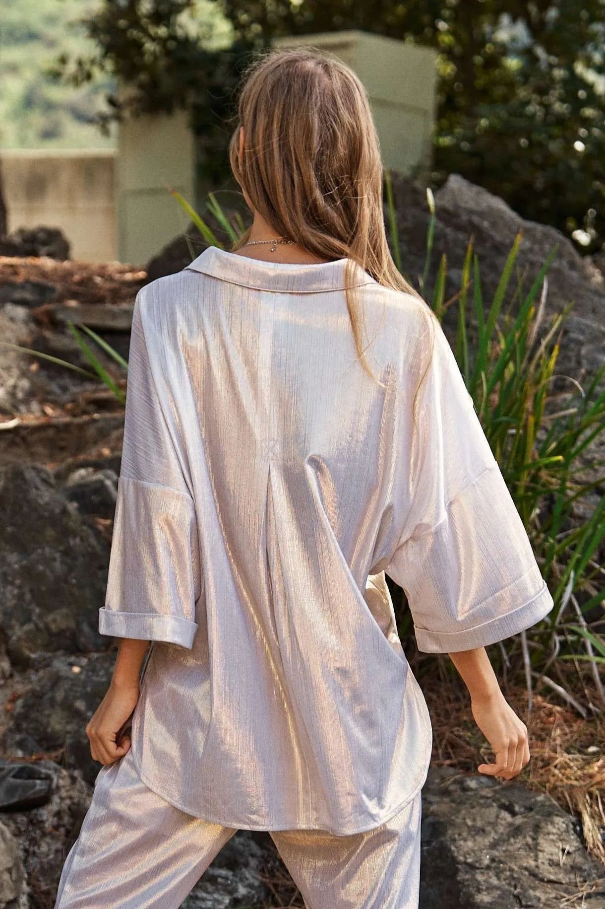 Davi & Dani Solid Sparkling Shimmer Pocket Button Front Shirt OutfitFlow
