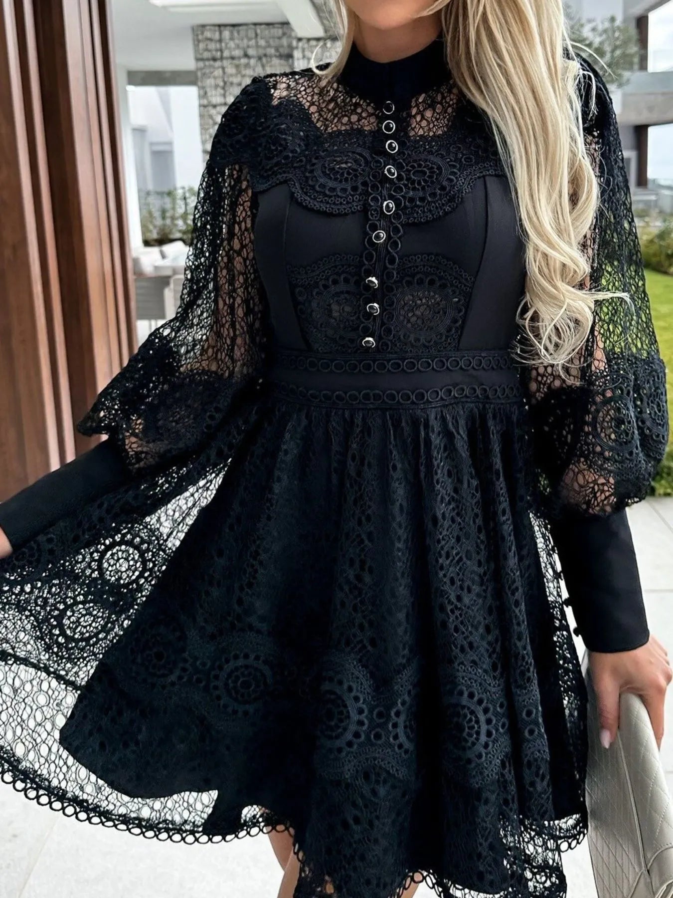Lace Lantern Sleeve Mini Dress OutfitFlow