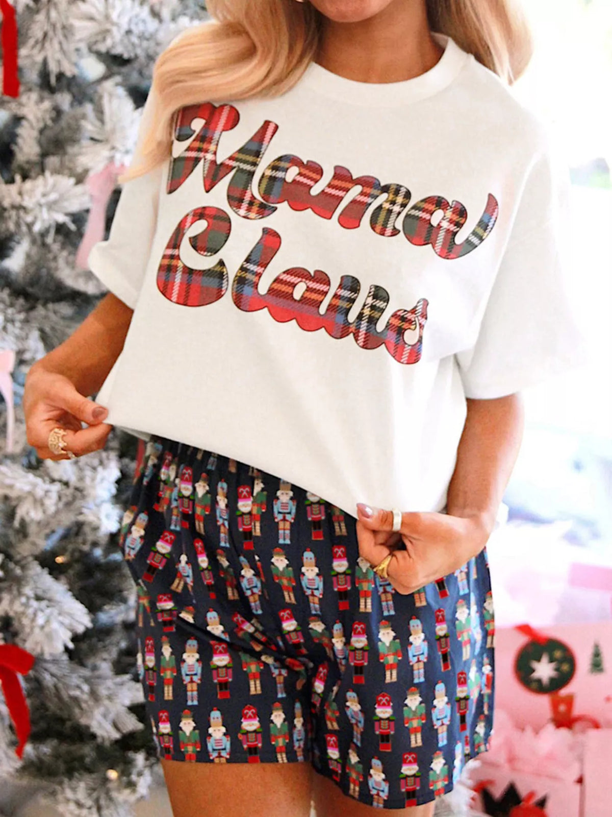Mama Claus Plaid Letter Tee and Nutcracker Shorts 2pcs Lounge Set White OutfitFlow