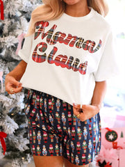 Mama Claus Plaid Letter Tee and Nutcracker Shorts 2pcs Lounge Set White OutfitFlow