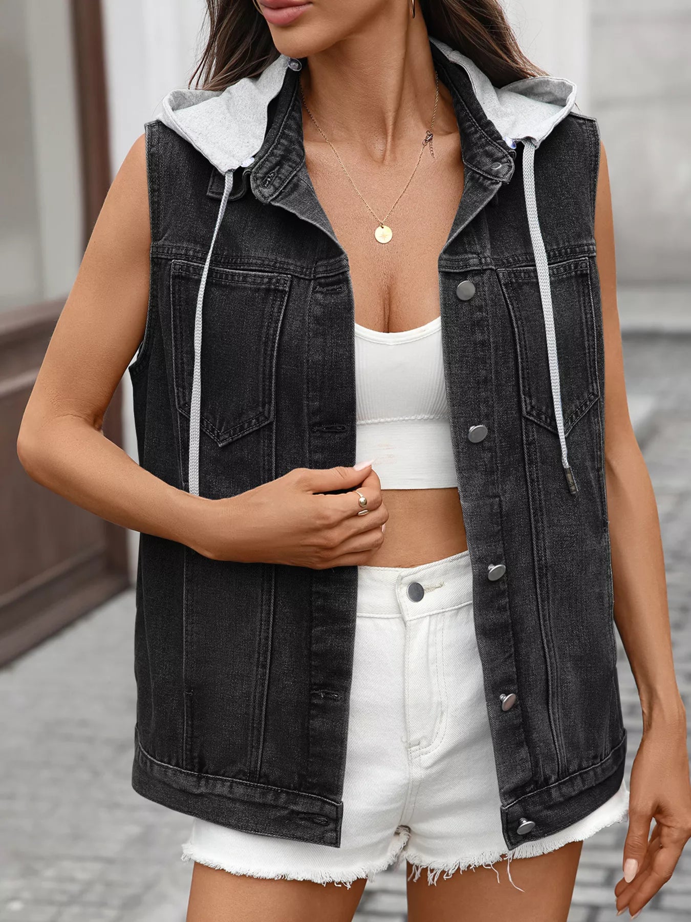 Button Up Removable Hooded Sleeveless Denim Jacket Black OutfitFlow
