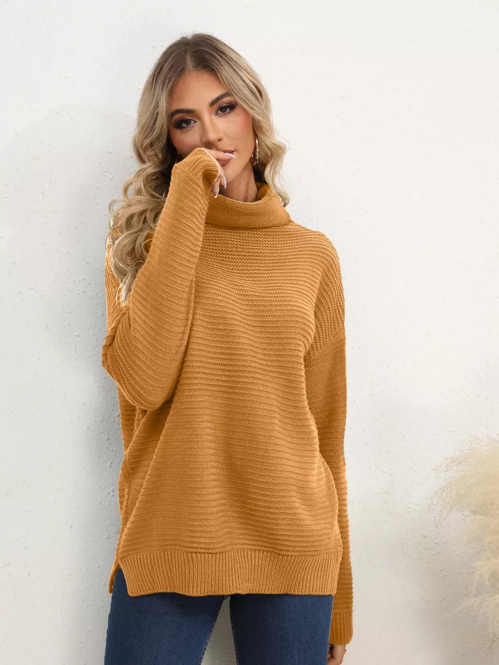 Slit Turtleneck Dropped Shoulder Sweater Trendsi
