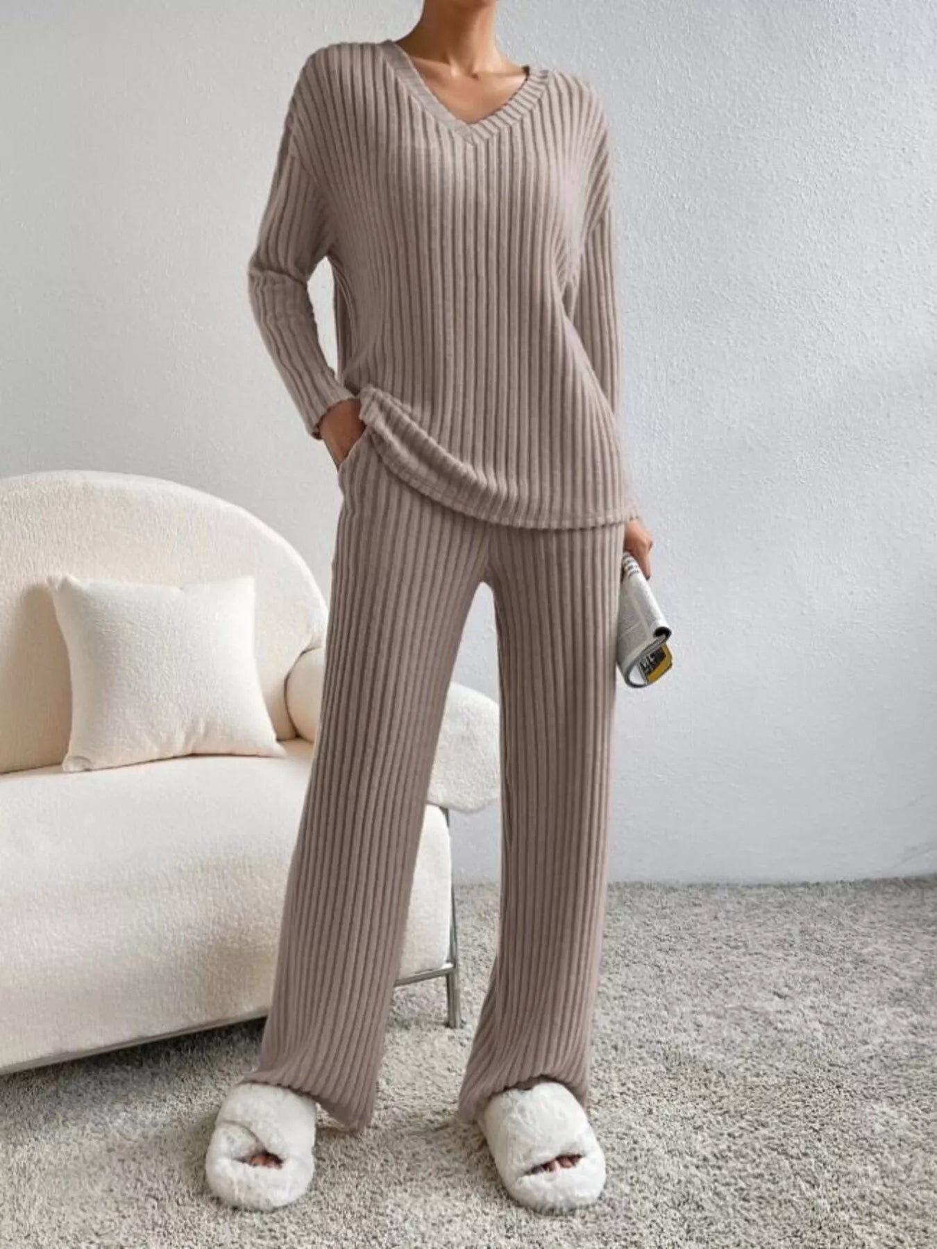 Ribbed Knit V-Neck Top and Pants Set OutfitFlow