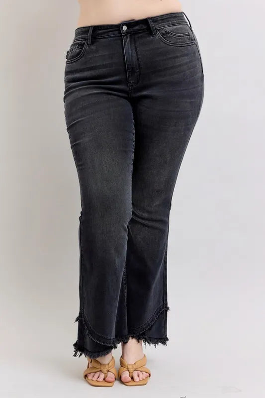 Judy Blue Full Size High Waist Flare W/ Mock Fray Tulip Hem Plus Size OutfitFlow