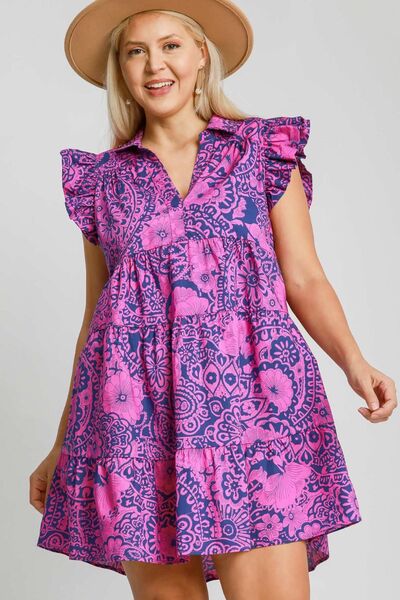 Umgee Full Size Printed Ruffle Cap Sleeve Babydoll Dress Plus Size OutfitFlow