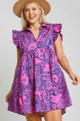 Umgee Full Size Printed Ruffle Cap Sleeve Babydoll Dress Plus Size OutfitFlow